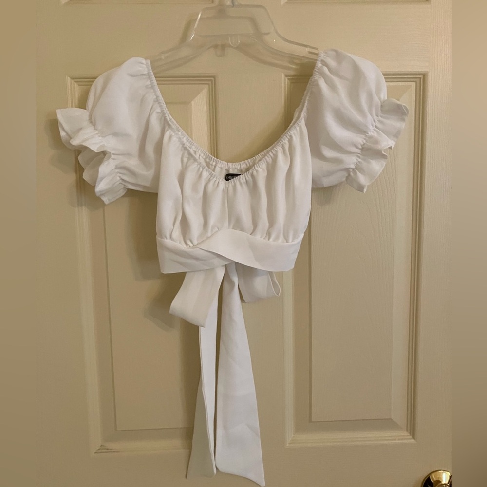Women's White Puff Sleeve Crop Top with Tie Back